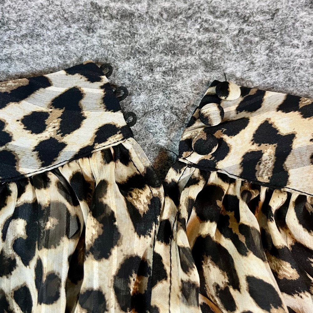 H&M Leopard Print Sheer Blouse Womens L Brown Mock Neck Long Sleeve Chic Office - Picture 7 of 12